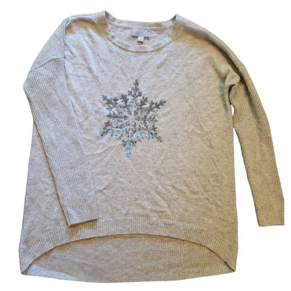 Pure Collection Sweater Women's 4 Grey Wool Cashmere Sparkle Snowflake Sequin